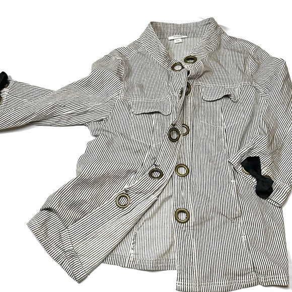 Jackets & Blazers - Womens Black Striped Blazer Jacket Size 14 16 Boho Grommet Bow Y2K Whimsigoth